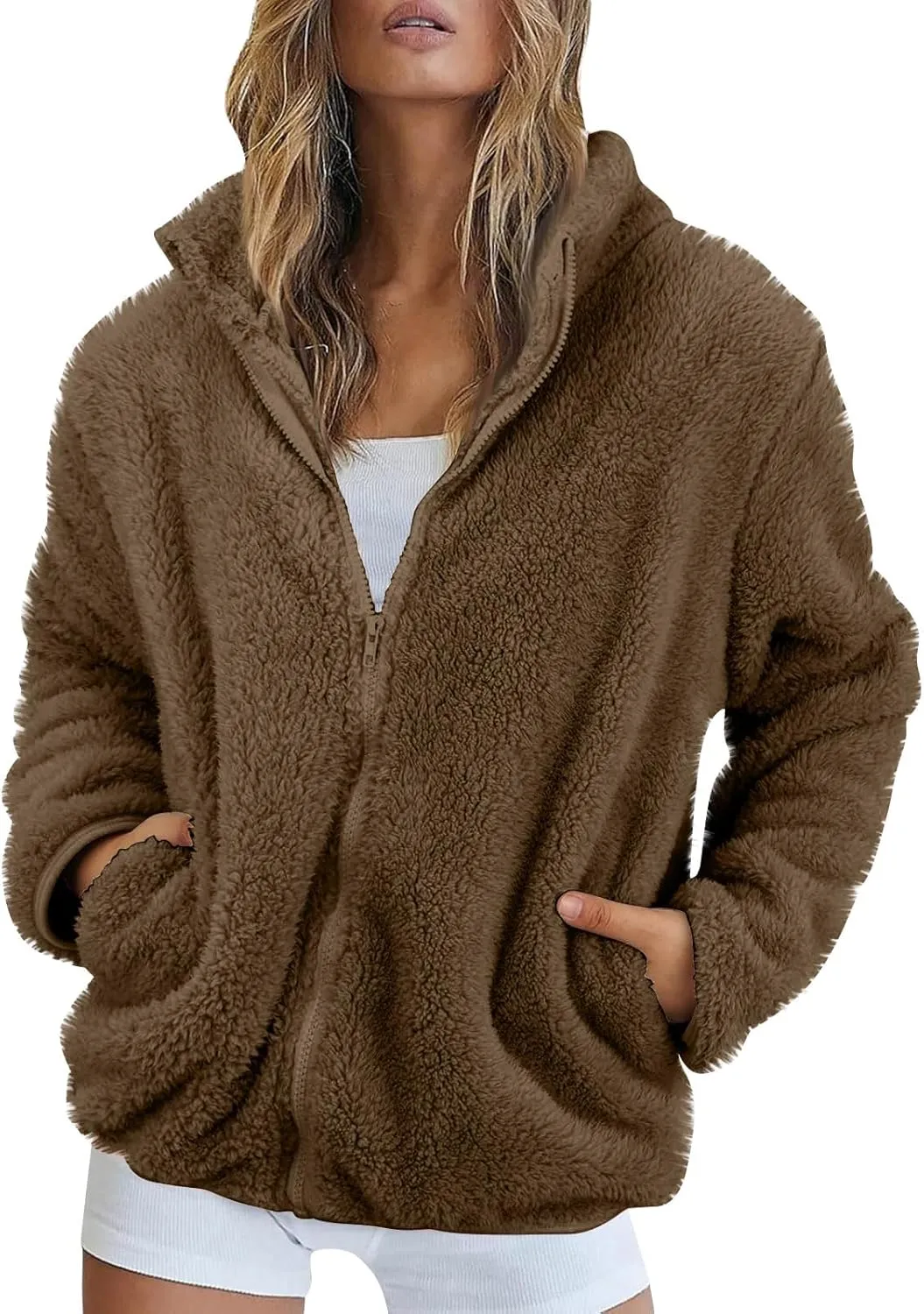 2024 Womens Winter Coats Long Sleeve High Collar Zip up Casual Comfy Warm Plush Loose Jackets with Pockets