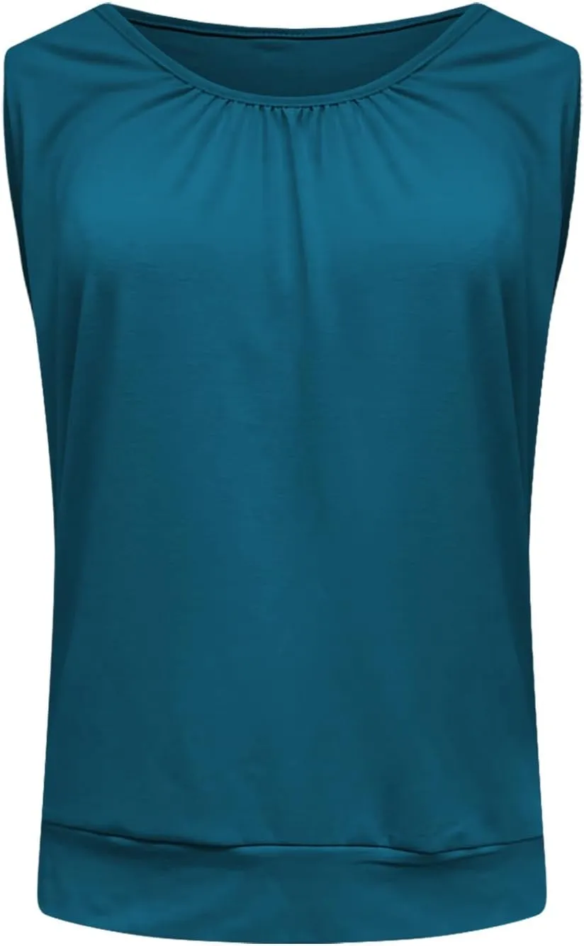 2025 Pleated Scoop Neck Tank Tops for Women Summer Casual Comfy Sleeveless Shirts Banded Fitted Bottom Tanks Blouse