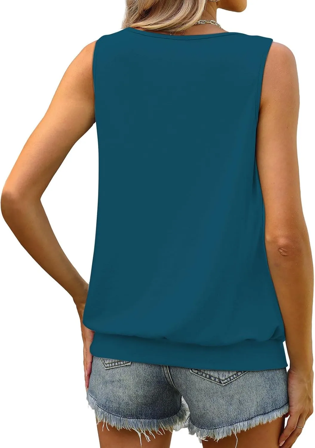 2025 Pleated Scoop Neck Tank Tops for Women Summer Casual Comfy Sleeveless Shirts Banded Fitted Bottom Tanks Blouse