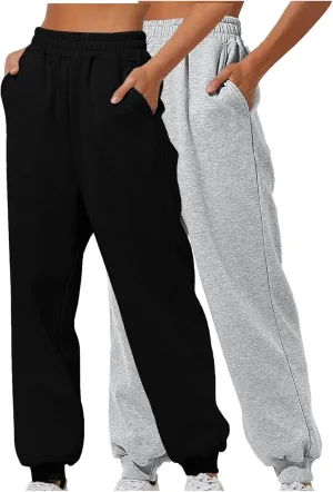 2pc Women's Cinch Bottom Sweatpants Sport Drawstring Pocket Casual Joggers Fleece Active Comfy Lounge Trousers