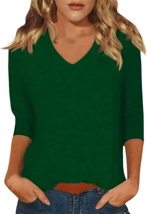 3/4 Length Sleeve Womens Tops Solid Color V Neck Work Tops 3/4 Sleeve Business Basic Tees Baggy Cute Tunic Tops