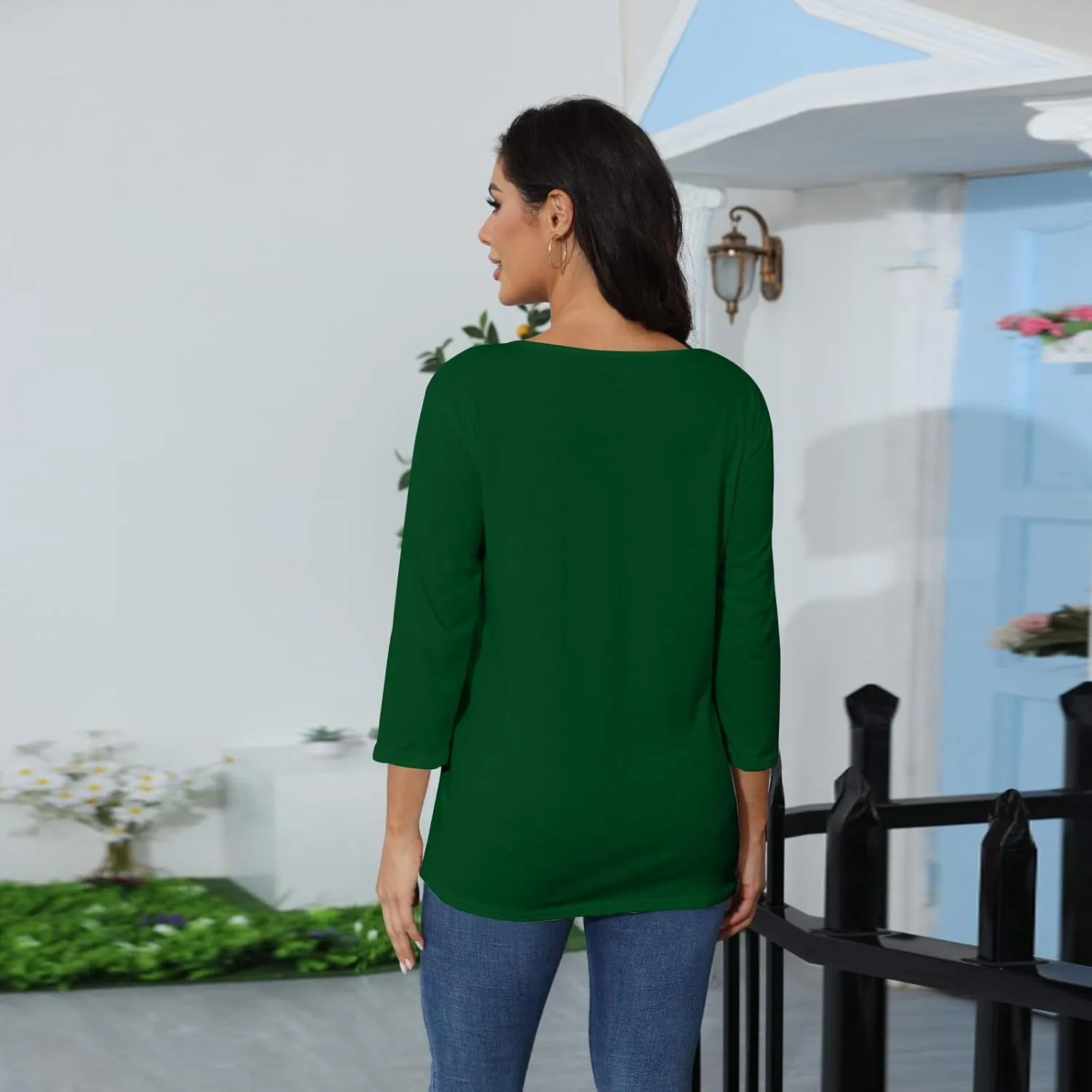 3/4 Length Sleeve Womens Tops Solid Color V Neck Work Tops 3/4 Sleeve Business Basic Tees Baggy Cute Tunic Tops