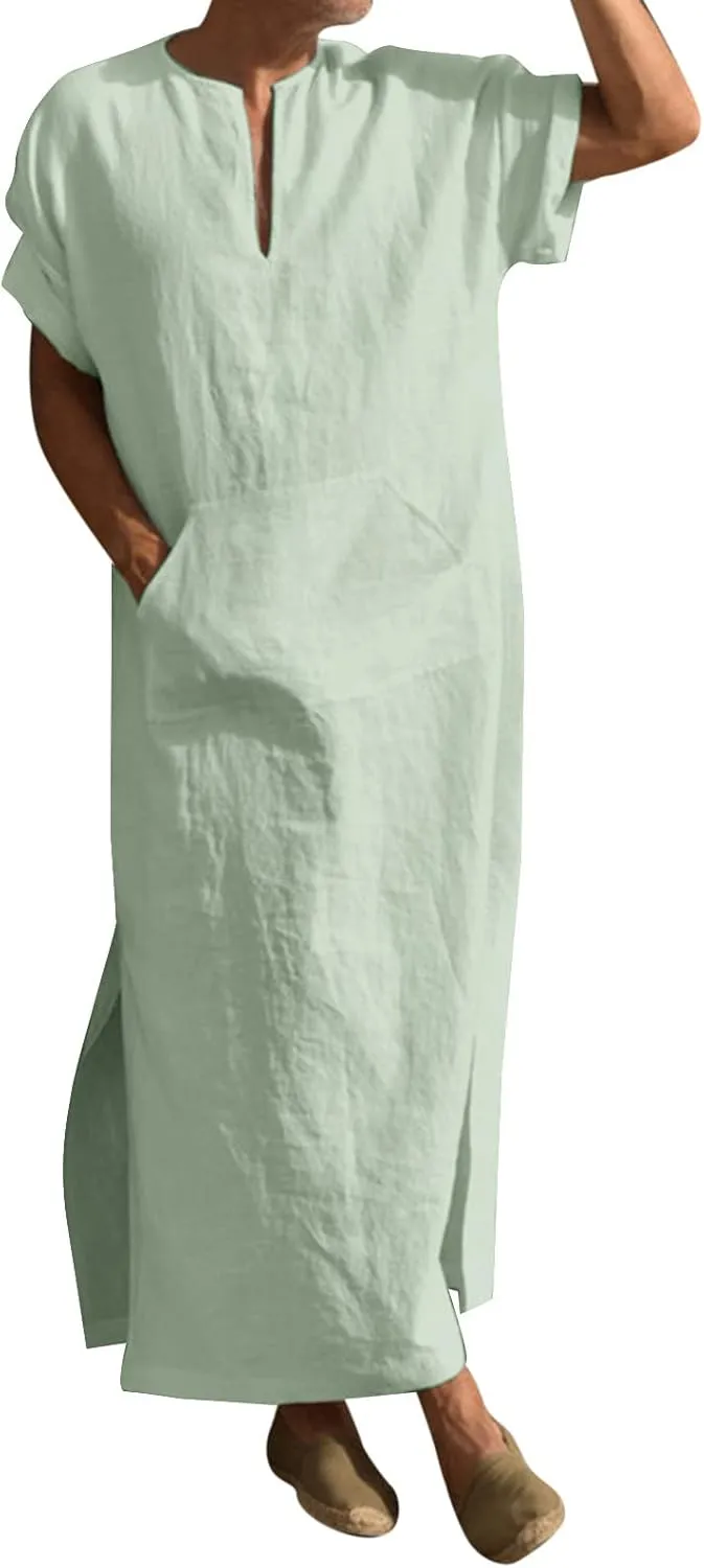 Alalaso Men's Muslim Kaftan Clothes Saudi Arabic Middle East Islamic Long Gown Dress Breathable Clothing Ramadan Jubbah