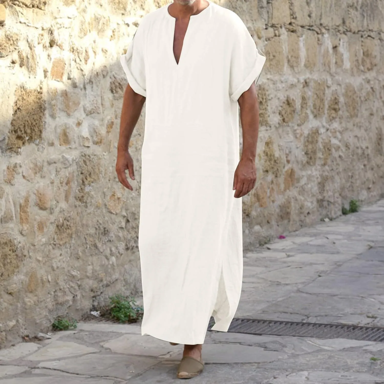 Alalaso Men's Muslim Kaftan Clothes Saudi Arabic Middle East Islamic Long Gown Dress Breathable Clothing Ramadan Jubbah