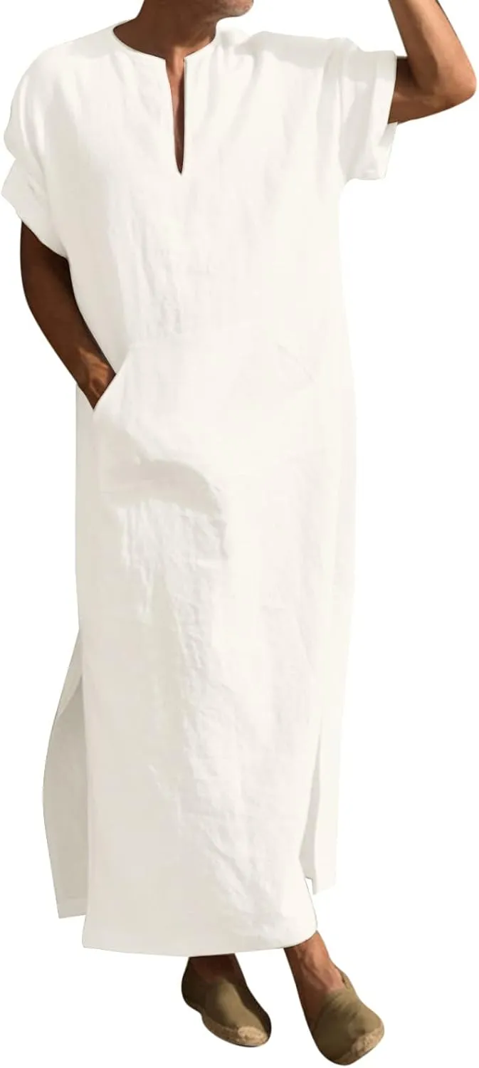 Alalaso Men's Muslim Kaftan Clothes Saudi Arabic Middle East Islamic Long Gown Dress Breathable Clothing Ramadan Jubbah