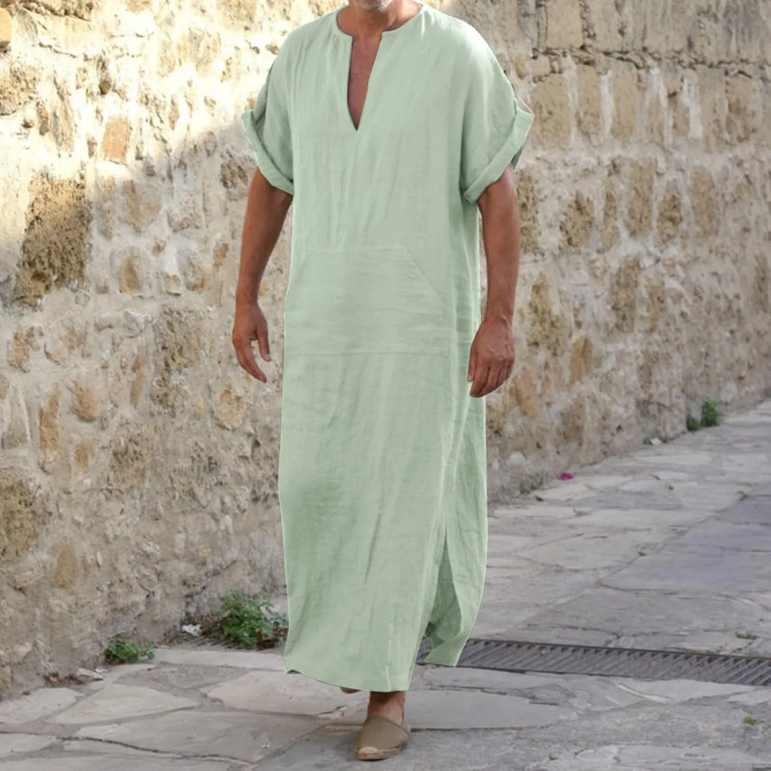 Alalaso Men's Muslim Kaftan Clothes Saudi Arabic Middle East Islamic Long Gown Dress Breathable Clothing Ramadan Jubbah