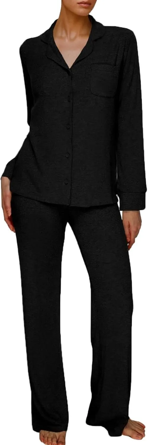 AnotherChill Women's Pajamas Set Long Sleeve Button Down Ribbed Knit 2 Piece Sleep Sets Loungewear Soft Pjs