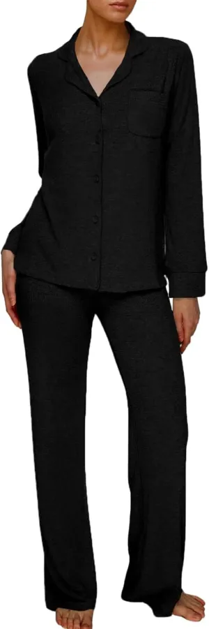 AnotherChill Women's Pajamas Set Long Sleeve Button Down Ribbed Knit 2 Piece Sleep Sets Loungewear Soft Pjs