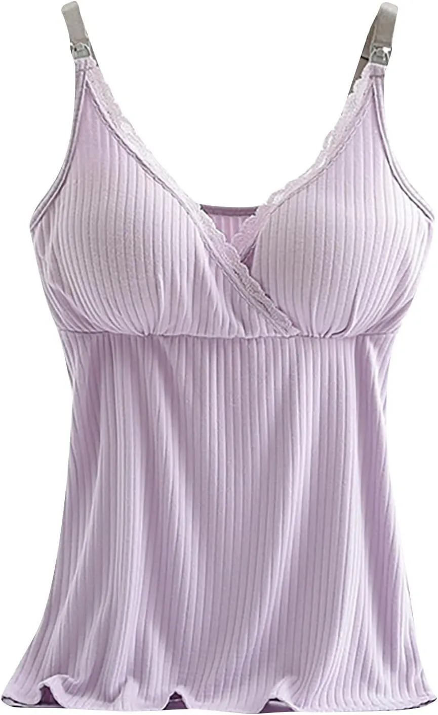 Binmer Nursing Cami Tank Tops for Breastfeeding Women with Built in Bra Sleeveless V Neck Camisole Soft Comfy Pregnant Shirts