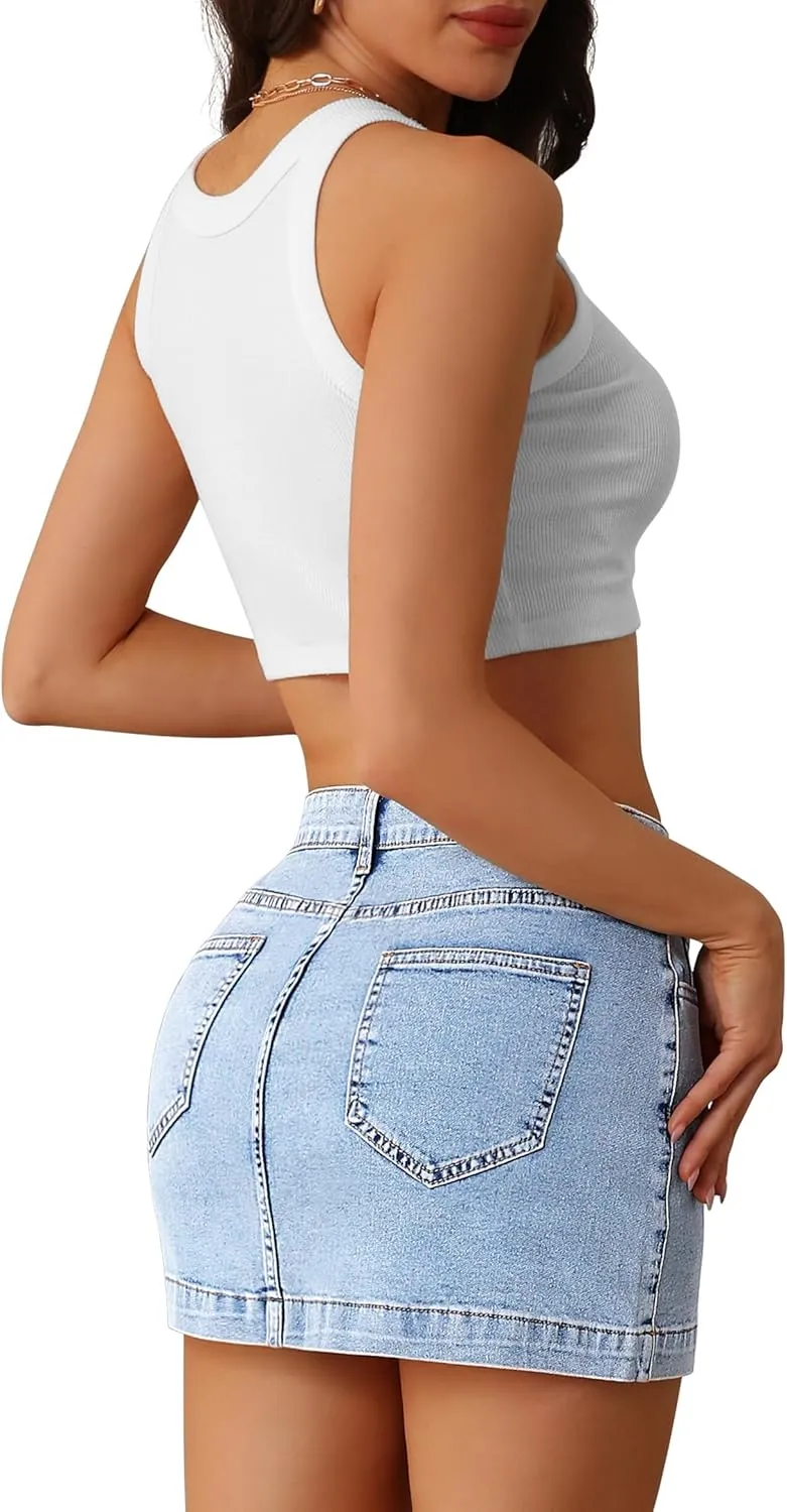 BISUAL Denim Skirt Women Casual Denim Mini Skirt High Waisted Denim Skort Slim Fit Jean Skirt Summer Jean Skort with Pocket