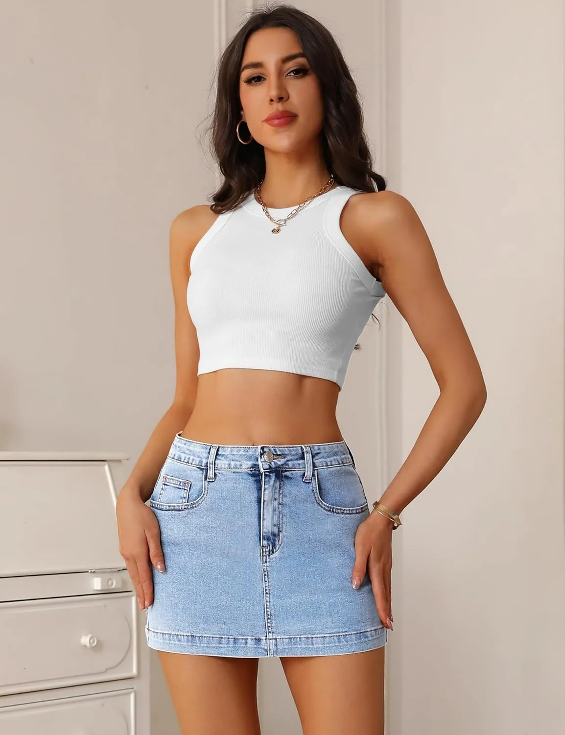 BISUAL Denim Skirt Women Casual Denim Mini Skirt High Waisted Denim Skort Slim Fit Jean Skirt Summer Jean Skort with Pocket