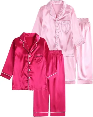 Boys Girls Pajamas Set 4Pjs Long Sleeve Button-Up Top Satin Pajamas Sets Loungewear, 5-14 Years