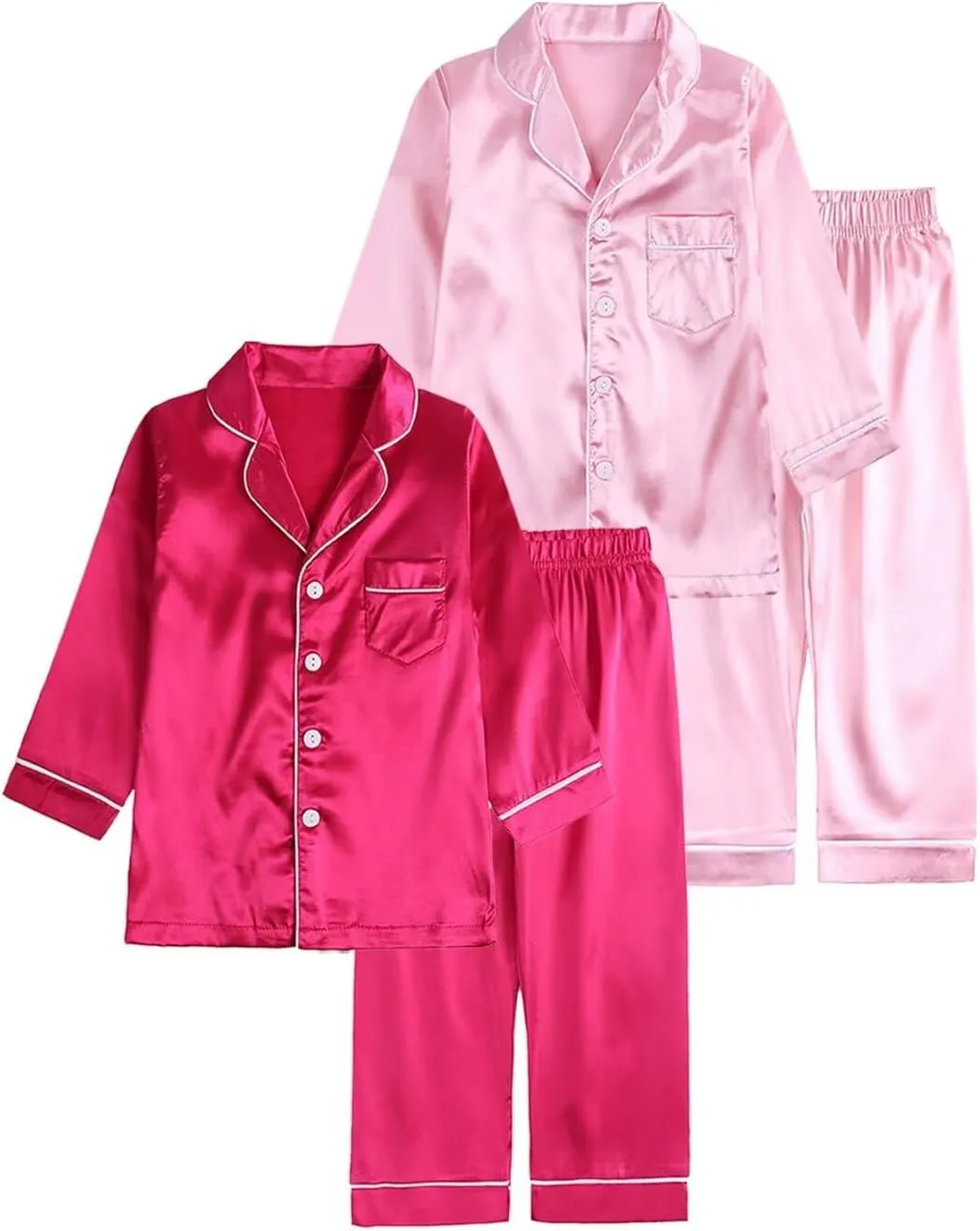 Boys Girls Pajamas Set 4Pjs Long Sleeve Button-Up Top Satin Pajamas Sets Loungewear, 5-14 Years