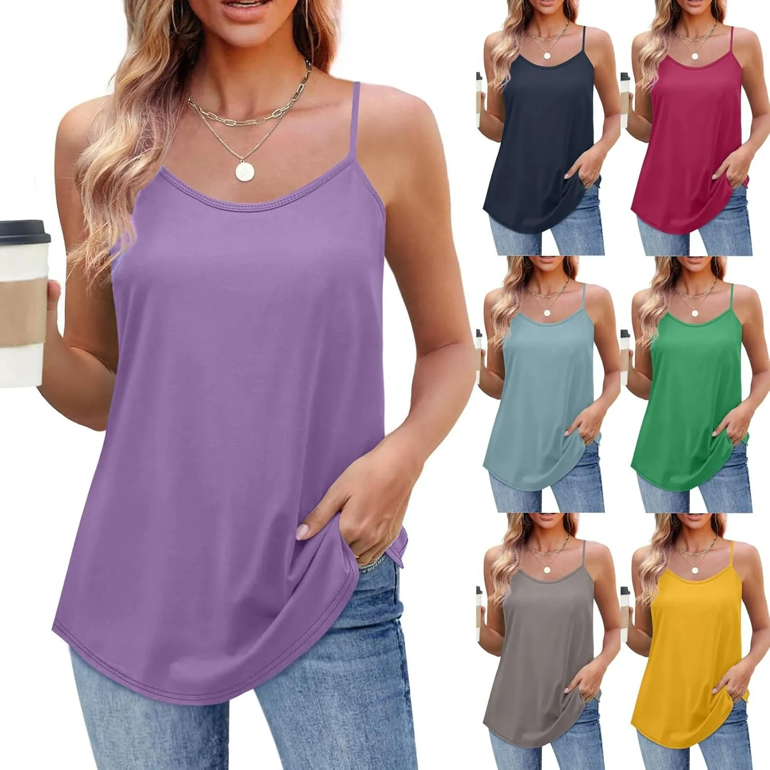 Camisoles for Women Plus Size Casual Crew Neck Tank Tops Loose Fit Sleeveless Shirts Summer Solid Color Tops