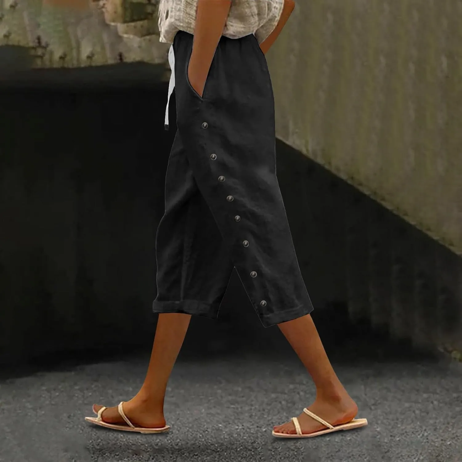 Capris Pants for Women Color Cotton Linen Elastic Seven Pants Beach Casual Pants Linen Casual Slacks Business Pants with