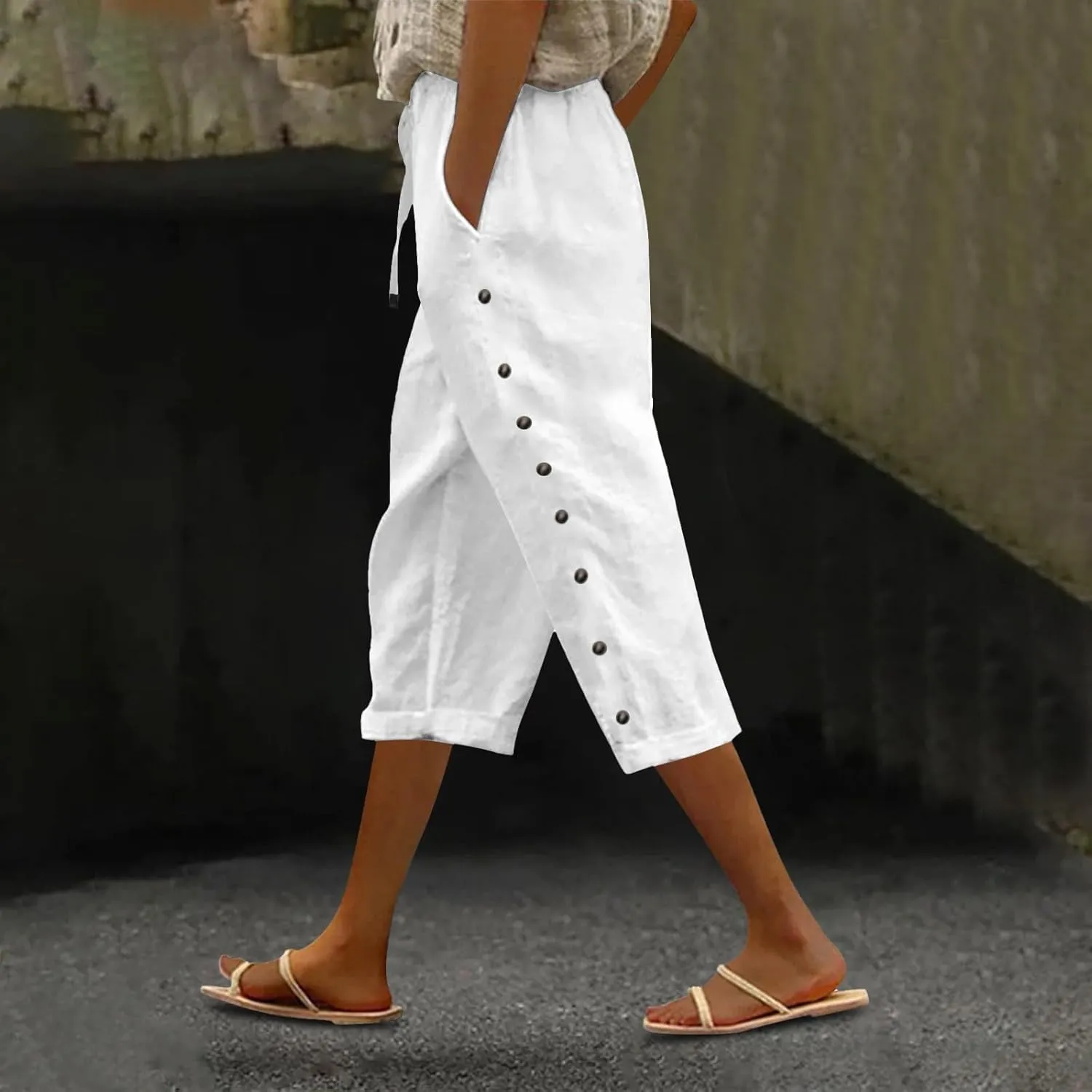 Capris Pants for Women Color Cotton Linen Elastic Seven Pants Beach Casual Pants Linen Casual Slacks Business Pants with