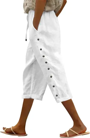 Capris Pants for Women Color Cotton Linen Elastic Seven Pants Beach Casual Pants Linen Casual Slacks Business Pants with