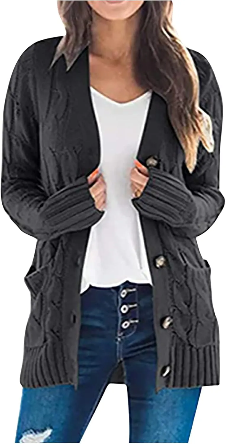 Cardigan Sweaters for Women 2024 Casual Long Sleeve Button Down Open Front Jackets Plus Size Cable Knit Sweater with Pockets