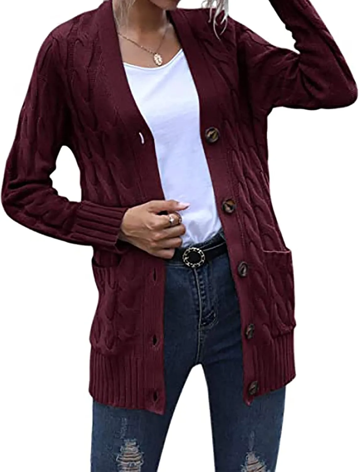 Cardigan Sweaters for Women 2024 Casual Long Sleeve Button Down Open Front Jackets Plus Size Cable Knit Sweater with Pockets
