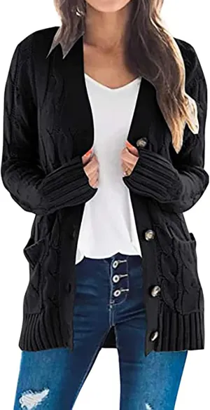 Cardigan Sweaters for Women 2024 Casual Long Sleeve Button Down Open Front Jackets Plus Size Cable Knit Sweater with Pockets