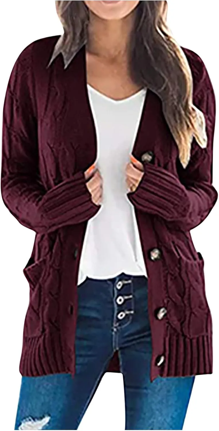 Cardigan Sweaters for Women 2024 Casual Long Sleeve Button Down Open Front Jackets Plus Size Cable Knit Sweater with Pockets