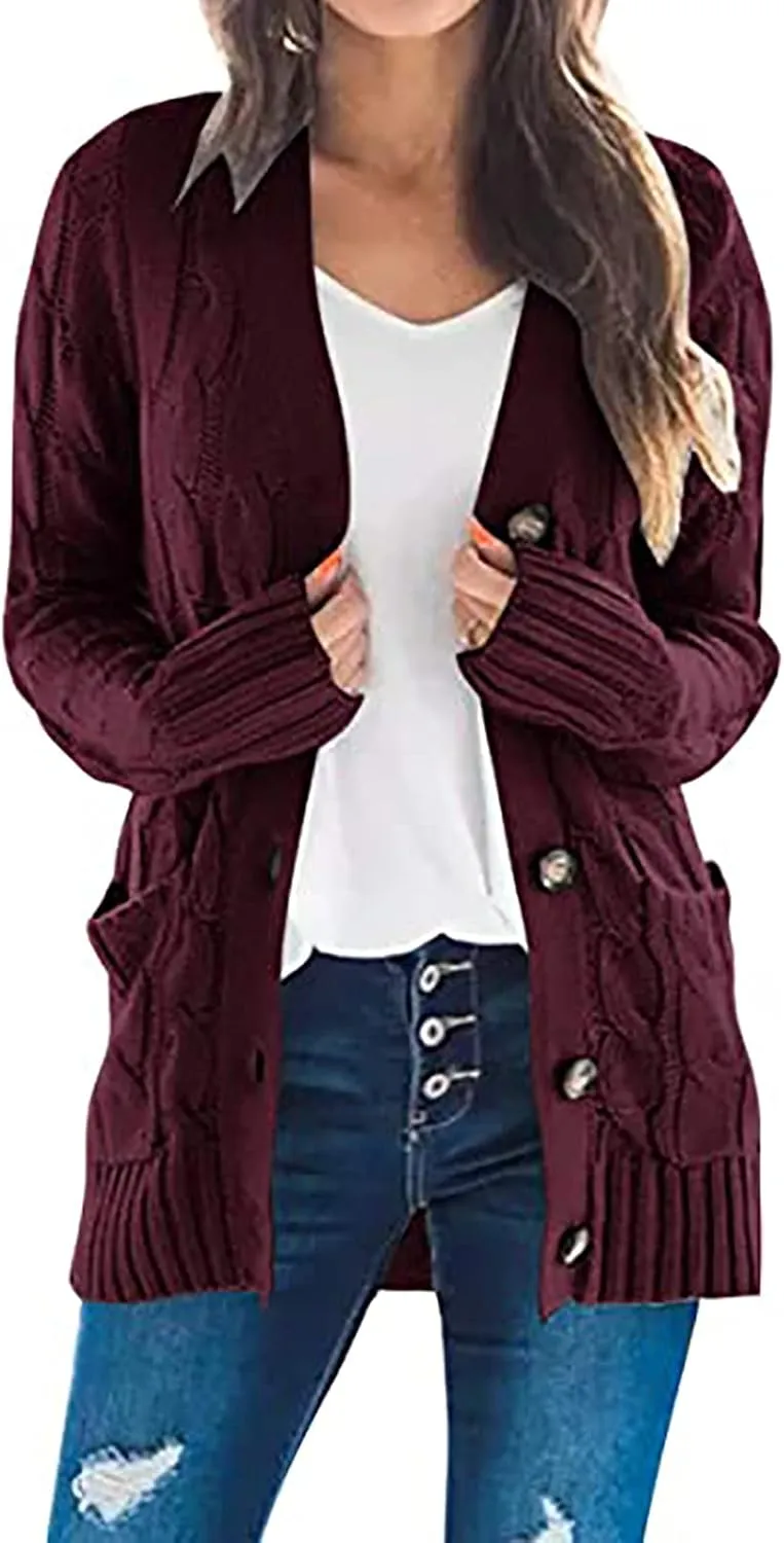 Cardigan Sweaters for Women 2024 Casual Long Sleeve Button Down Open Front Jackets Plus Size Cable Knit Sweater with Pockets