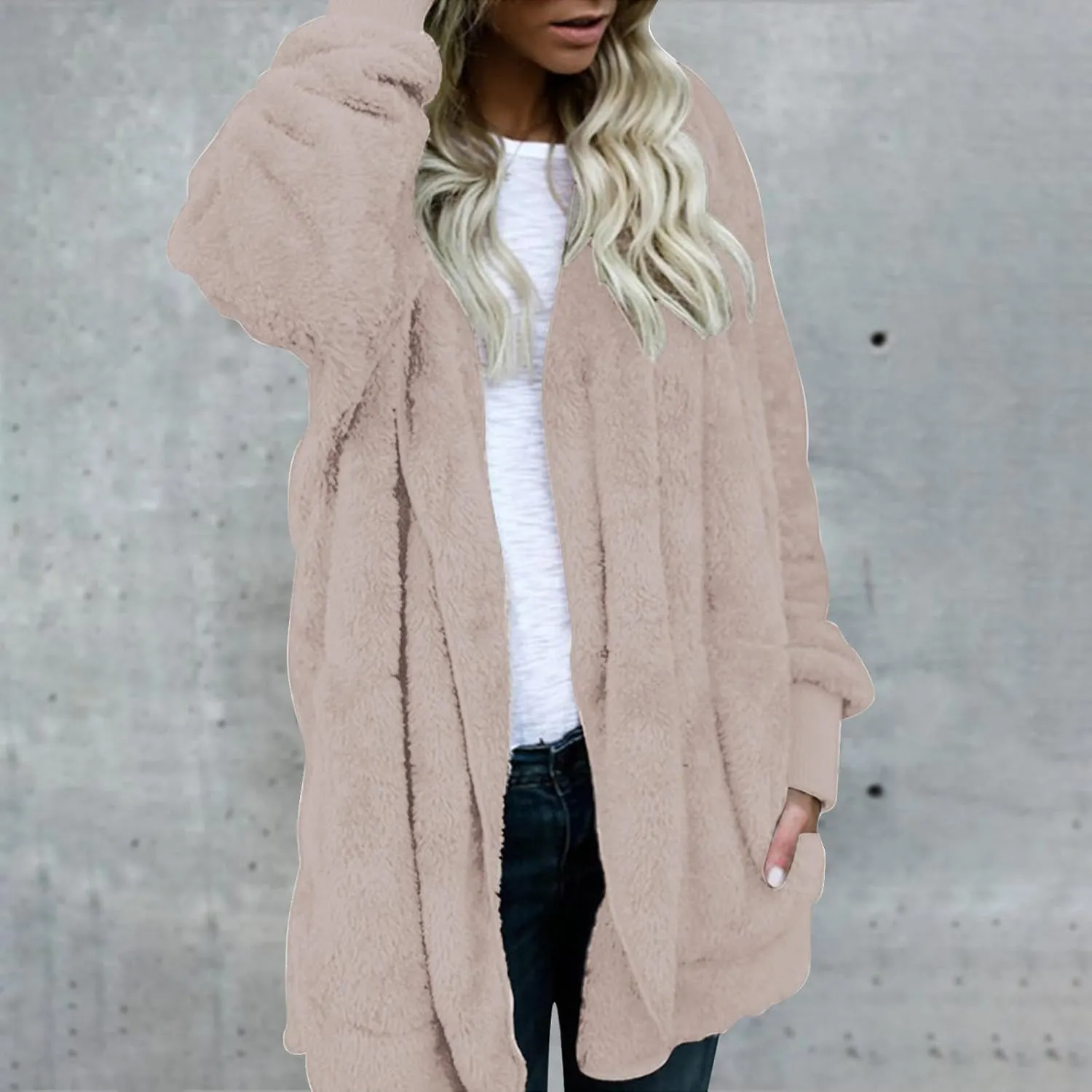 Cardigan Sweaters for Women Plus Size Long Sleeve Solid Fuzzy Fleece Open Front Hooded Cardigans Coats Casual Sherpa Jacket