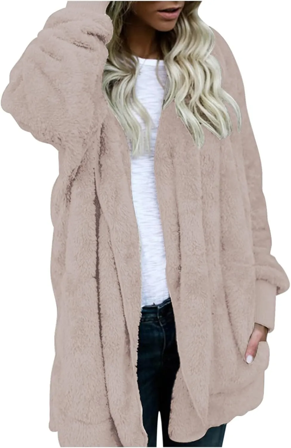 Cardigan Sweaters for Women Plus Size Long Sleeve Solid Fuzzy Fleece Open Front Hooded Cardigans Coats Casual Sherpa Jacket