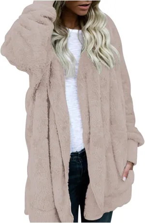 Cardigan Sweaters for Women Plus Size Long Sleeve Solid Fuzzy Fleece Open Front Hooded Cardigans Coats Casual Sherpa Jacket