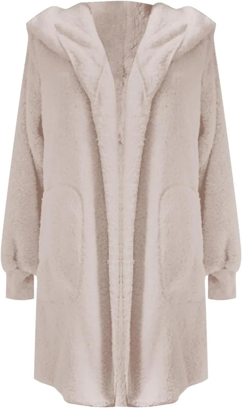 Cardigan Sweaters for Women Plus Size Long Sleeve Solid Fuzzy Fleece Open Front Hooded Cardigans Coats Casual Sherpa Jacket