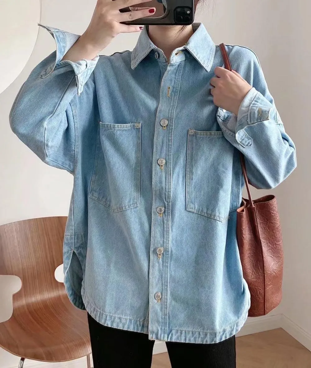 CHARTOU Women Denim Jacket Button Down Oversized Denim Jean Shirt Shacket Outwear