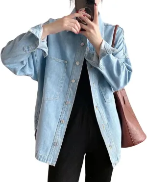 CHARTOU Women Denim Jacket Button Down Oversized Denim Jean Shirt Shacket Outwear