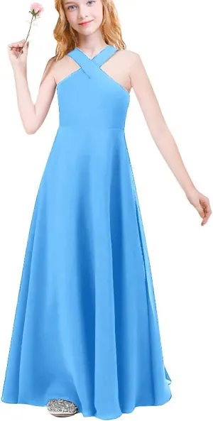 Chiffon Prom Formal Party Princess Bridesmaid Flower Girl's Dress for Kids Halter Backless Holiday Evening Gown