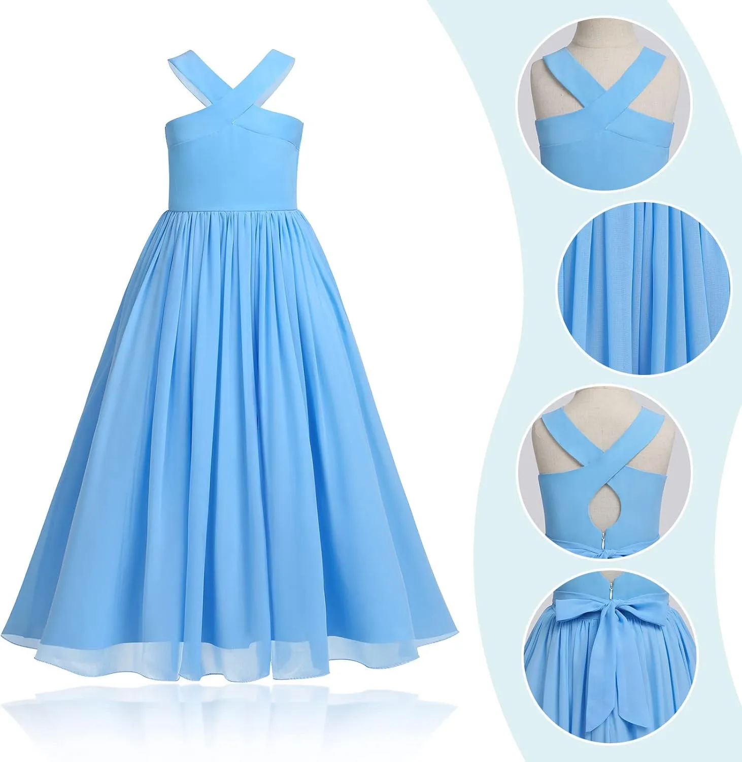 Chiffon Prom Formal Party Princess Bridesmaid Flower Girl's Dress for Kids Halter Backless Holiday Evening Gown