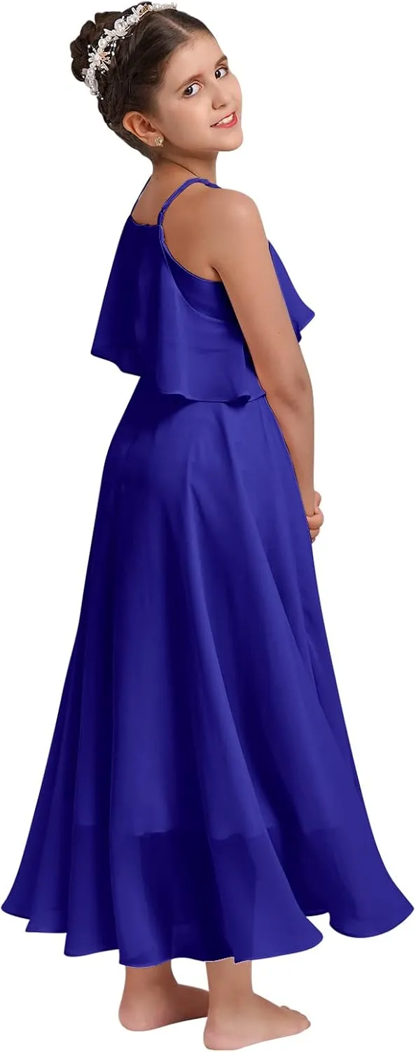 Chiffon Prom Formal Party Princess Bridesmaid Flower Girl's Dress for Kids Halter Backless Holiday Evening Gown