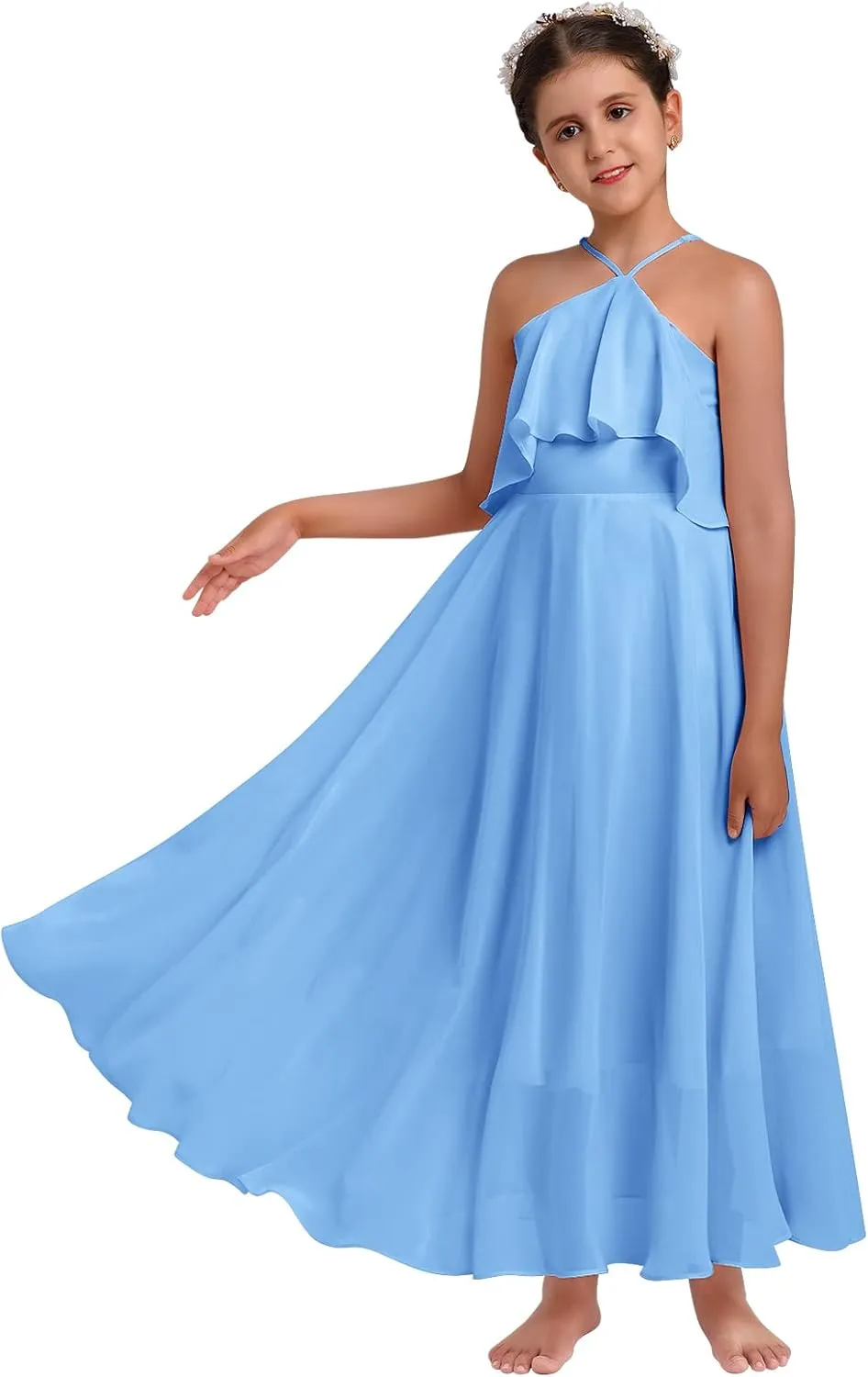 Chiffon Prom Formal Party Princess Bridesmaid Flower Girl's Dress for Kids Halter Backless Holiday Evening Gown
