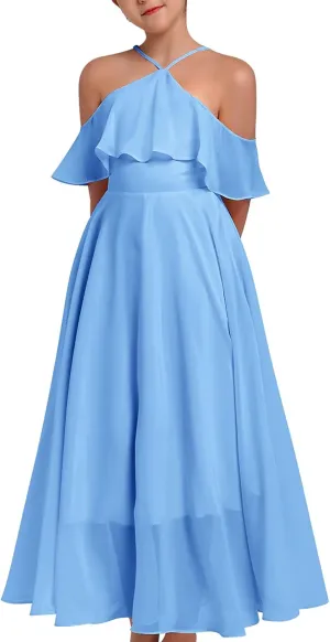 Chiffon Prom Formal Party Princess Bridesmaid Flower Girl's Dress for Kids Halter Backless Holiday Evening Gown
