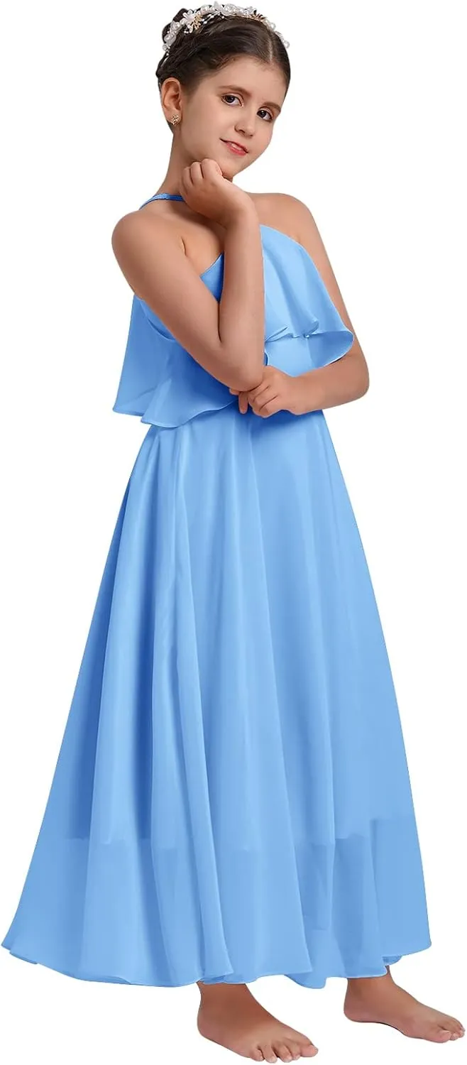 Chiffon Prom Formal Party Princess Bridesmaid Flower Girl's Dress for Kids Halter Backless Holiday Evening Gown