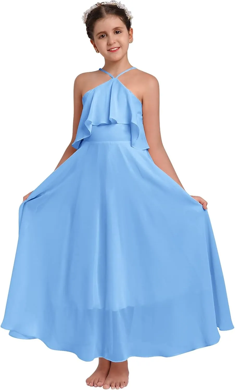 Chiffon Prom Formal Party Princess Bridesmaid Flower Girl's Dress for Kids Halter Backless Holiday Evening Gown