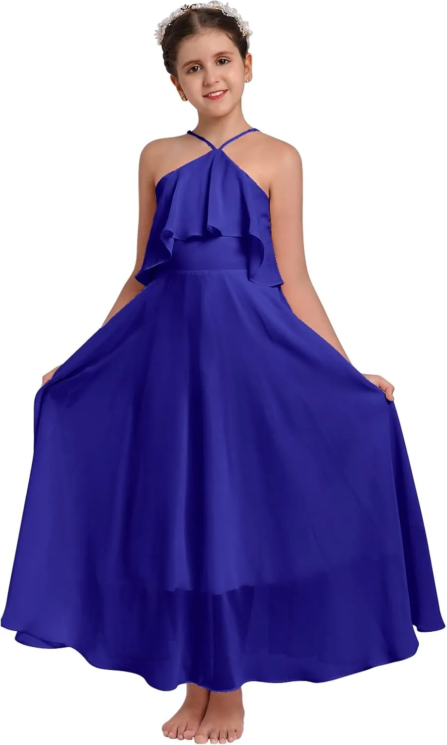 Chiffon Prom Formal Party Princess Bridesmaid Flower Girl's Dress for Kids Halter Backless Holiday Evening Gown