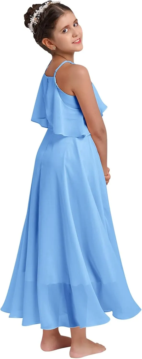 Chiffon Prom Formal Party Princess Bridesmaid Flower Girl's Dress for Kids Halter Backless Holiday Evening Gown