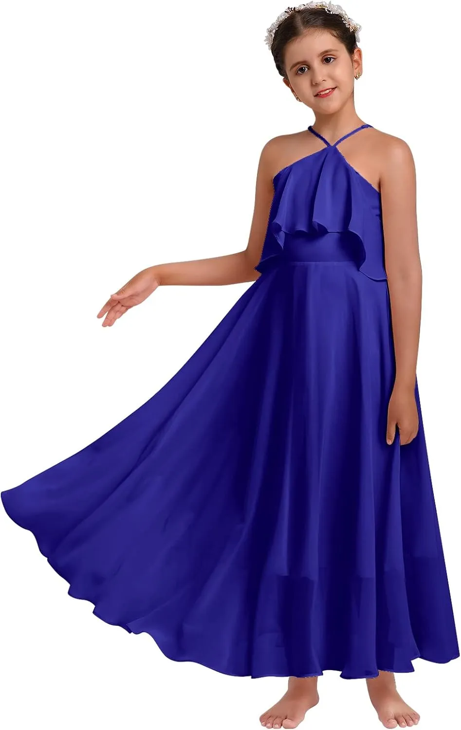 Chiffon Prom Formal Party Princess Bridesmaid Flower Girl's Dress for Kids Halter Backless Holiday Evening Gown