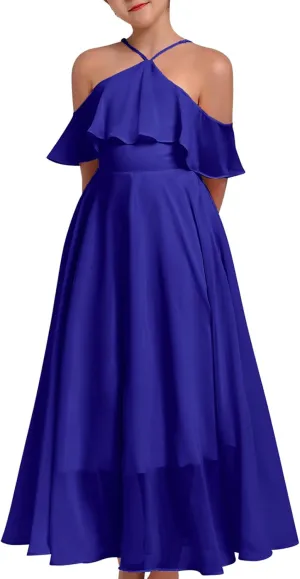 Chiffon Prom Formal Party Princess Bridesmaid Flower Girl's Dress for Kids Halter Backless Holiday Evening Gown