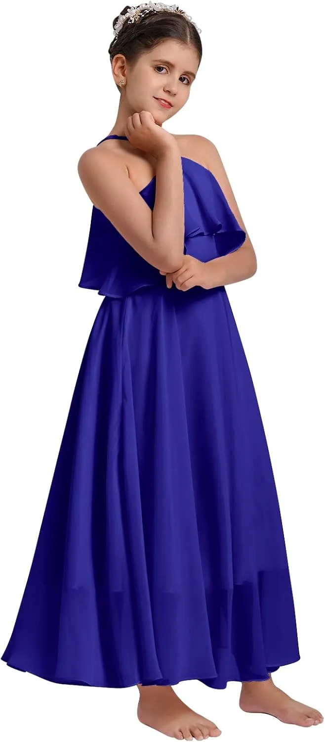 Chiffon Prom Formal Party Princess Bridesmaid Flower Girl's Dress for Kids Halter Backless Holiday Evening Gown