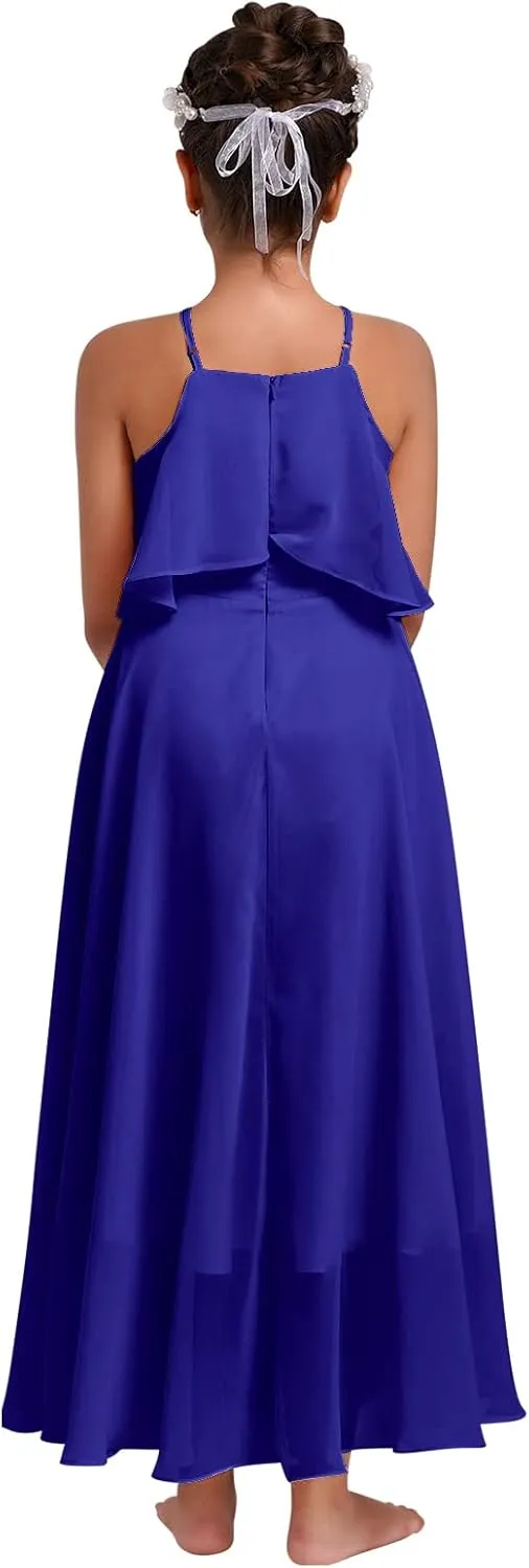 Chiffon Prom Formal Party Princess Bridesmaid Flower Girl's Dress for Kids Halter Backless Holiday Evening Gown