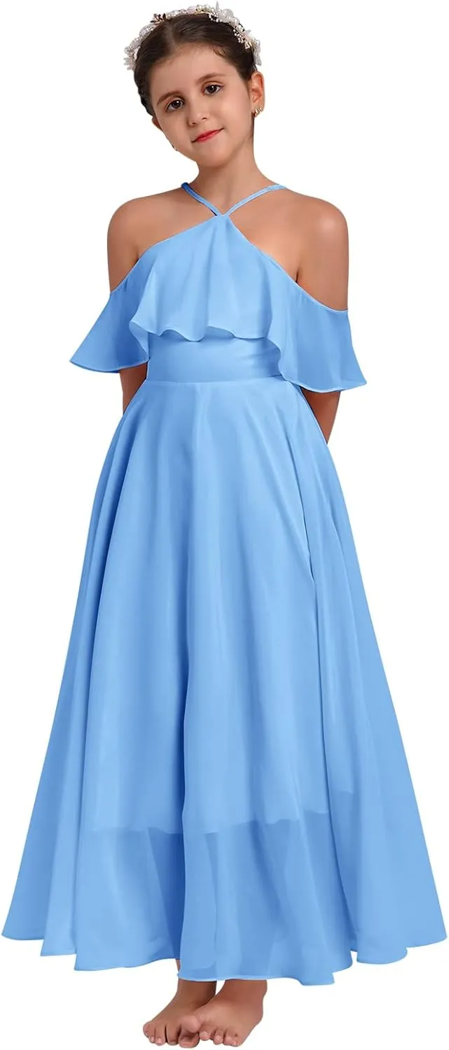 Chiffon Prom Formal Party Princess Bridesmaid Flower Girl's Dress for Kids Halter Backless Holiday Evening Gown