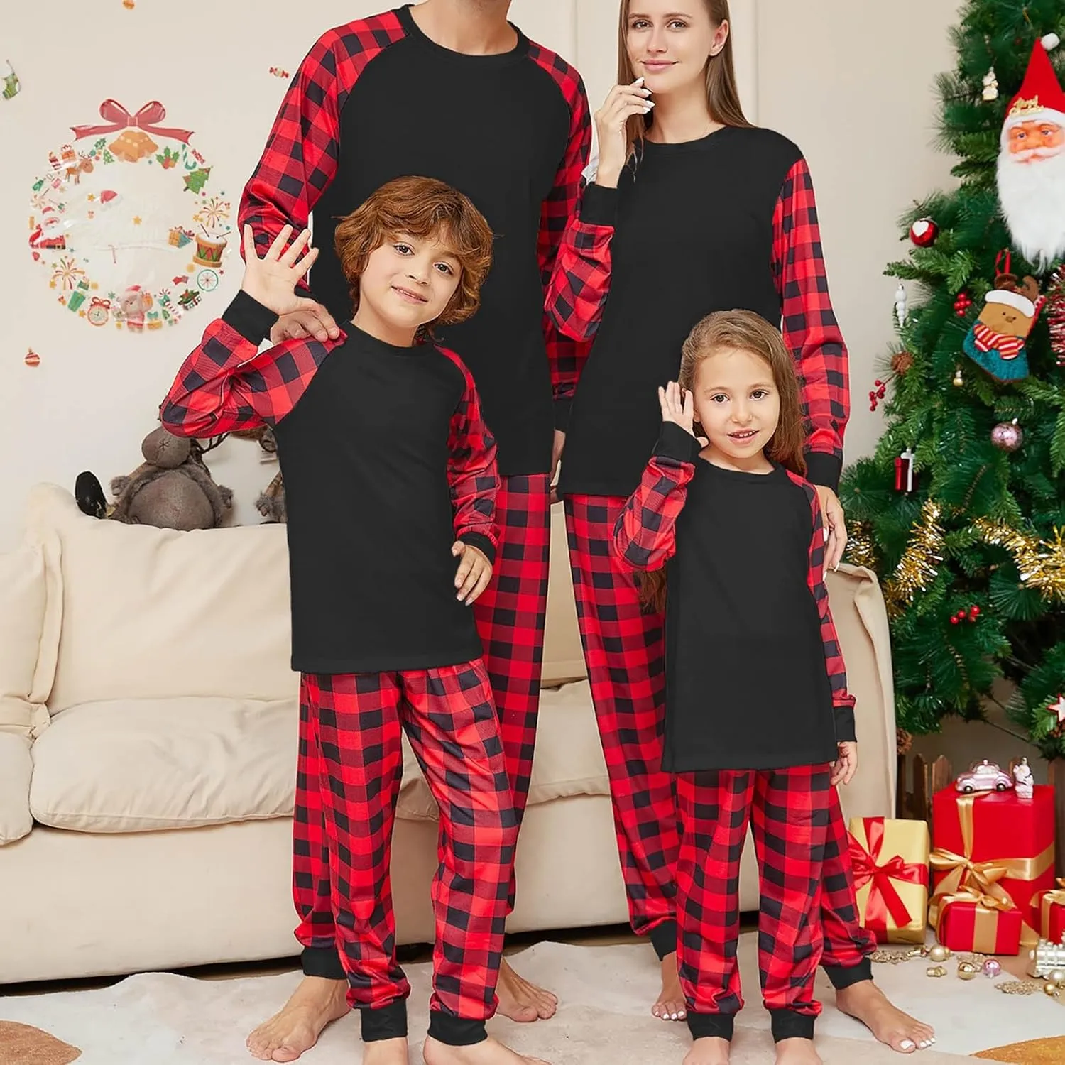Christmas Pajamas,Family Christmas Pjs Matching Sets Holiday Jammies Letter Print Top and Plaid Pants Xmas Sleepwear