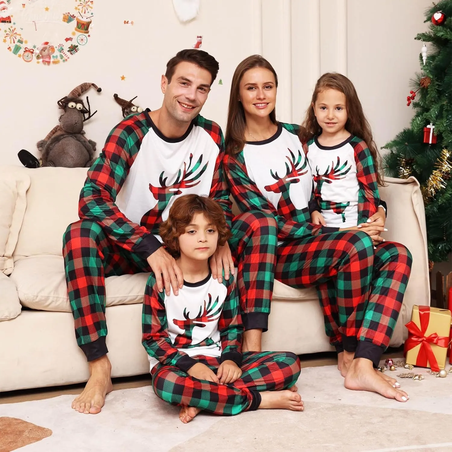 Christmas Pajamas,Family Christmas Pjs Matching Sets Holiday Jammies Letter Print Top and Plaid Pants Xmas Sleepwear