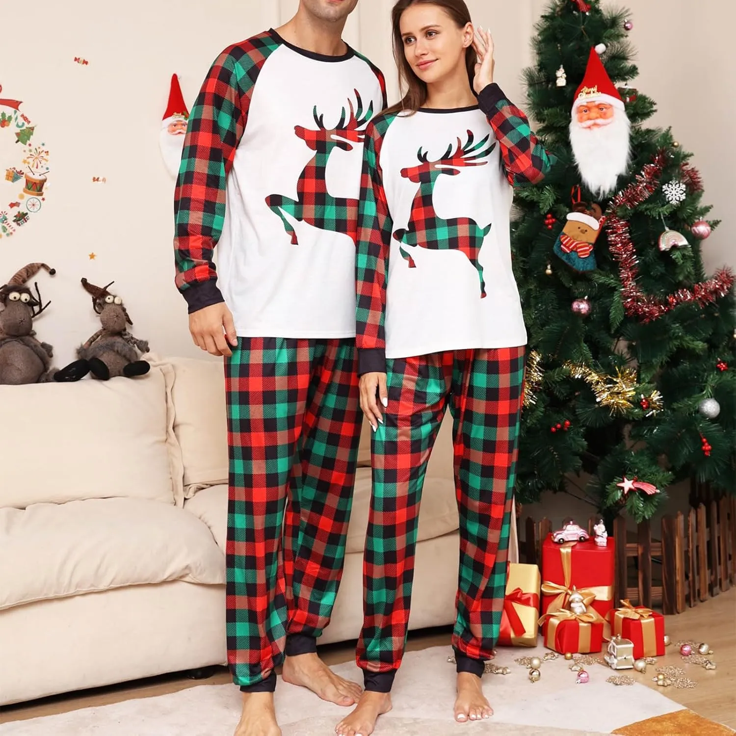 Christmas Pajamas,Family Christmas Pjs Matching Sets Holiday Jammies Letter Print Top and Plaid Pants Xmas Sleepwear