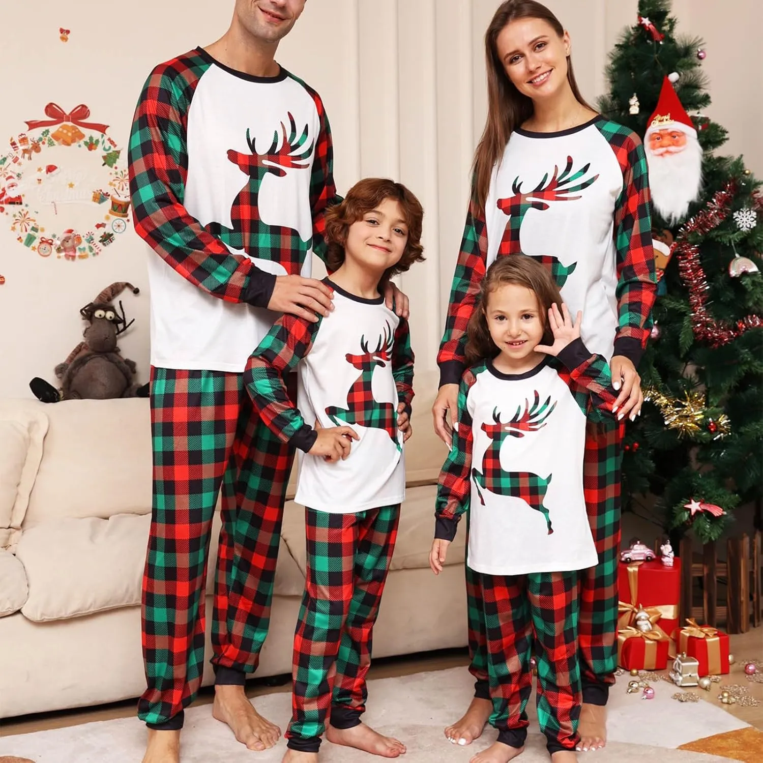 Christmas Pajamas,Family Christmas Pjs Matching Sets Holiday Jammies Letter Print Top and Plaid Pants Xmas Sleepwear